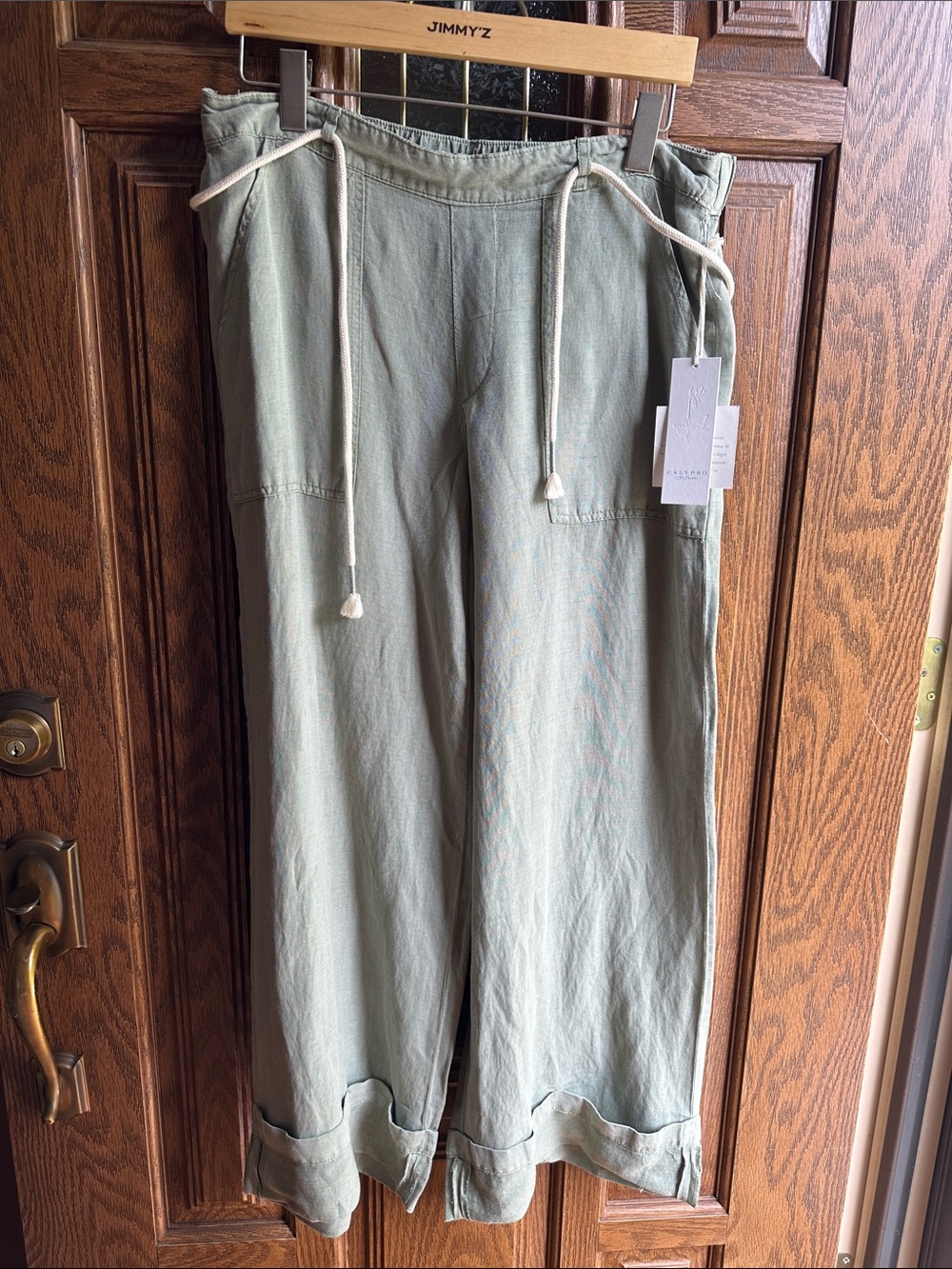 Linen Blend elastic waist in back and drawstring Pants in Sage Green Size L